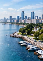 Deniz kıyısı, kıyı yolu ve şehir silüeti